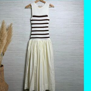 Mon Renn Striped Sleeveless Dress in White and Brown